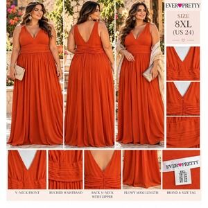 Ever Pretty Burnt Orange V-Neck Ruched Waist Maxi Dress Plus Size US 24